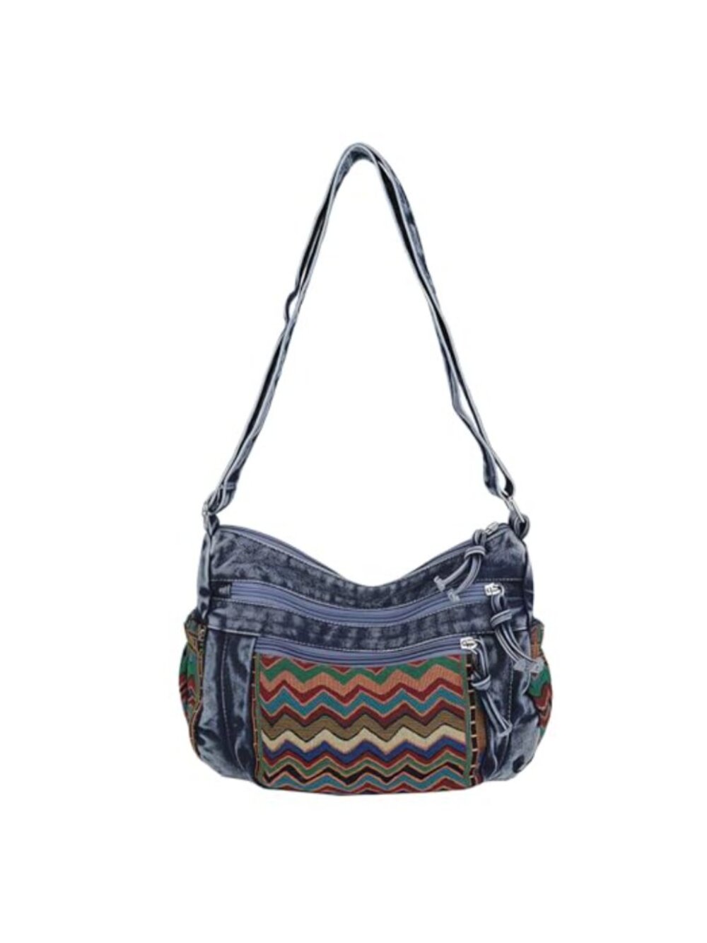 Boho Denim Crossbody Bag with Adjustable Strap and Multiple Pockets